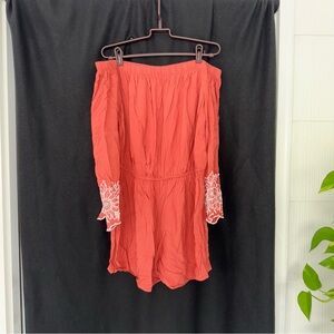 Off-Shoulder Red Dress with White Embroidery